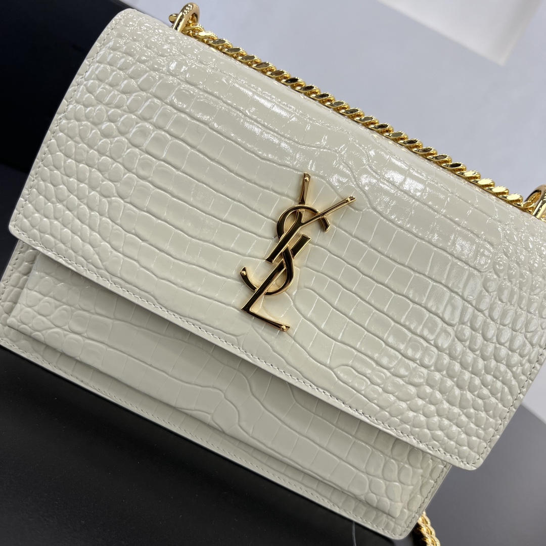 Saint Laurent Sunset Crocodile Embossed Calfskin Handbag Shoulder Bag White 442906 Gold